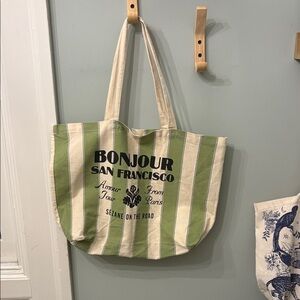 Sézane Green and Cream Striped Tote Bag bonjour San Francisco